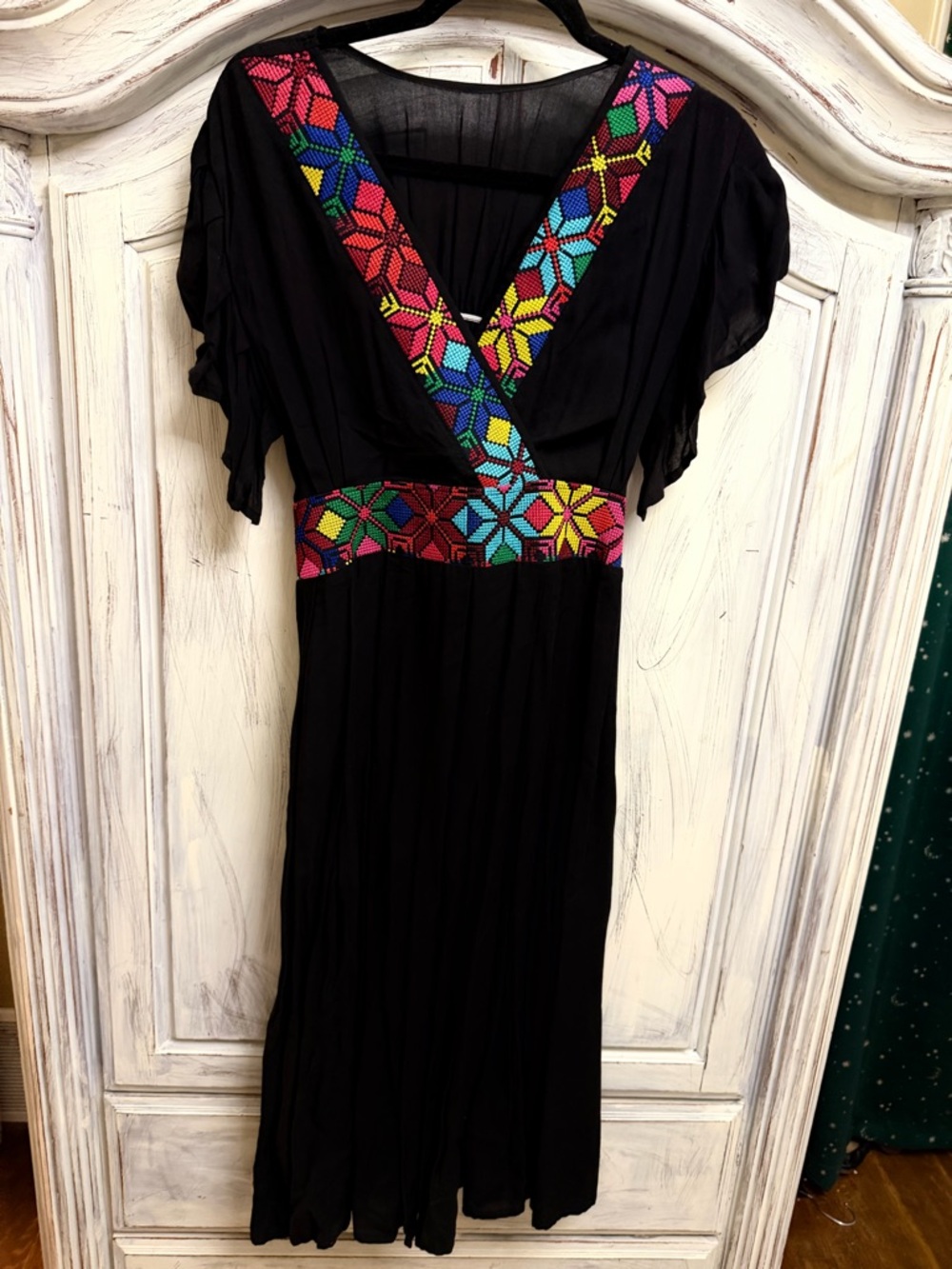 Boho Embroidered Maxi Dress Medium Black Artisan Handmade Style Colorful Detail